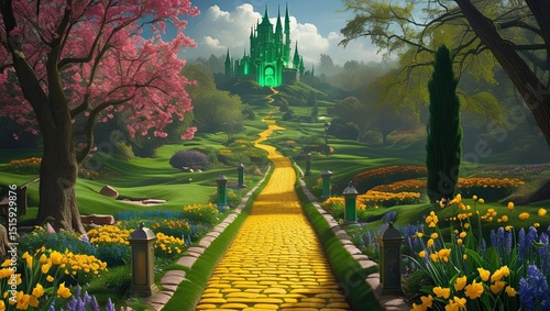 An enchanted yellow brick road leads to a mystical emerald city in the spring.  Oz, Fantasy, and Magicians