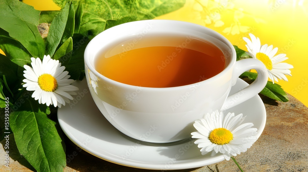 Chamomile Tea Cup on Saucer with Daisies Chamomile Tea Cup on Saucer with Daisies
