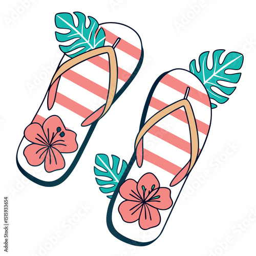 Striped Summer Flip Flops with Tropical Flowers
