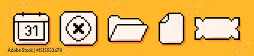 Five pixel art icons. Calendar with the date, stop button, files and windows.