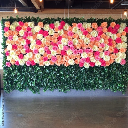Floral wall decor with vibrant roses and greenery