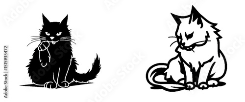 Ragdoll cat silhouette licking paw, black vector SVG.