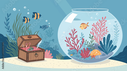 aquarium treasure chest Stylized aquarium scene coral, colorful fish, treasure chest, bubbles, and sea plants in a glass tank with soft lighting.
