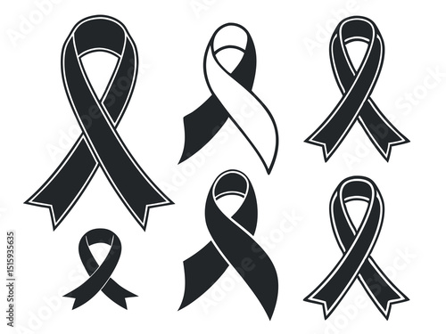 Awareness ribbon silhouette vector pack in black and white, symbolizing causes like cancer, mourning, support, and advocacy. Great for medical, memorial, and charity campaigns.