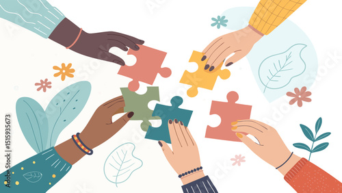 Group of diverse hands assembling puzzle pieces unity and teamwork concept with a modern, inclusive color palette vector.