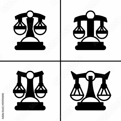 Vector black and white illustration of scales of justice icon for business. Stock vector design.