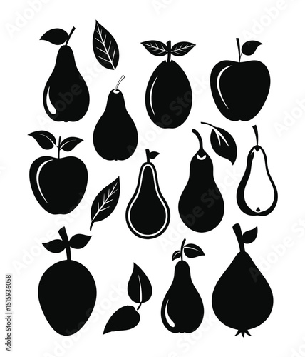 Silhouette Fruits: Captivating black silhouettes of various pears and apples, each with unique leaf details, elegantly arranged. It is showcasing the shapes of delicious produce.