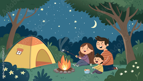 Family camping trip illustration featuring tent, campfire, marshmallow roasting, starry night sky, and smiling characters enjoying nature together.