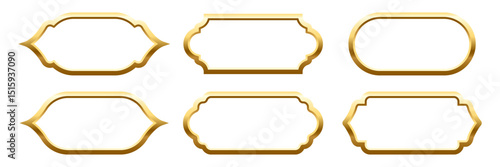 Golden Islam frames. Vintage Arabian, Indian, Turkish decorative shapes isolated on white. Ornamental border set with classic arabesque shapes. Realistic vector illustrations collection.