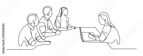 continuous single line art of male and female businessmen and workers discussing their business in unison

