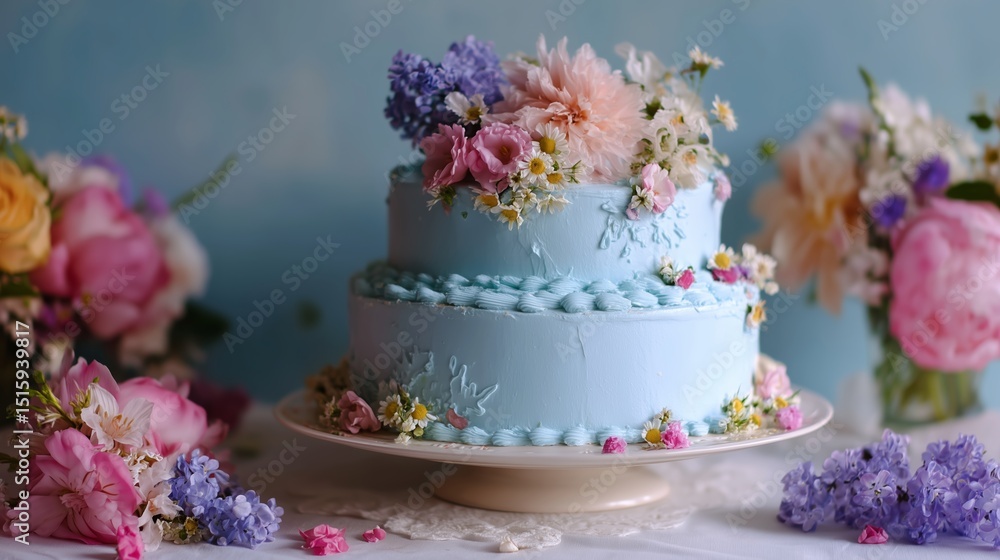 Elegant blue cake adorned with delicate flowers surrounded by vibrant floral arrangements at a spring gathering Elegant blue cake adorned with delicate flowers surrounded by vibrant floral arrangements at a spring gathering