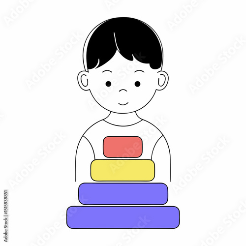 Clean Flat Vector of Preschooler Stacking Colorful Educational Blocks