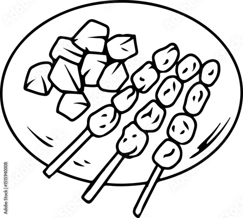 Hand-drawn satay and rice cake on a plate