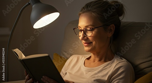 Mature woman in glasses reads a book under a lamp bathed in soft warm light