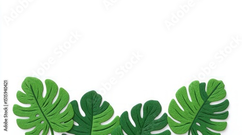 Lush Green Monstera Leaves Border  Tropical Foliage  White Background  Nature Decor  Summe