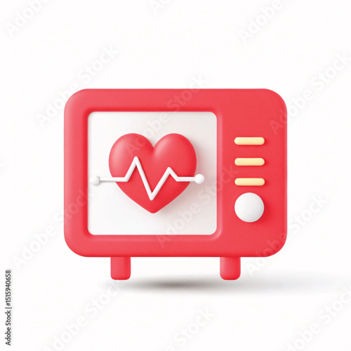 Heart Monitor: A 3D-rendered illustration depicts a bright red heart monitor displaying a healthy heartbeat, conveying health, care, and wellness concepts. 