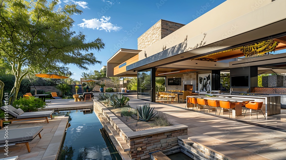 Fototapeta premium Luxury Outdoor Living Space with Pool and Beautiful Architecture