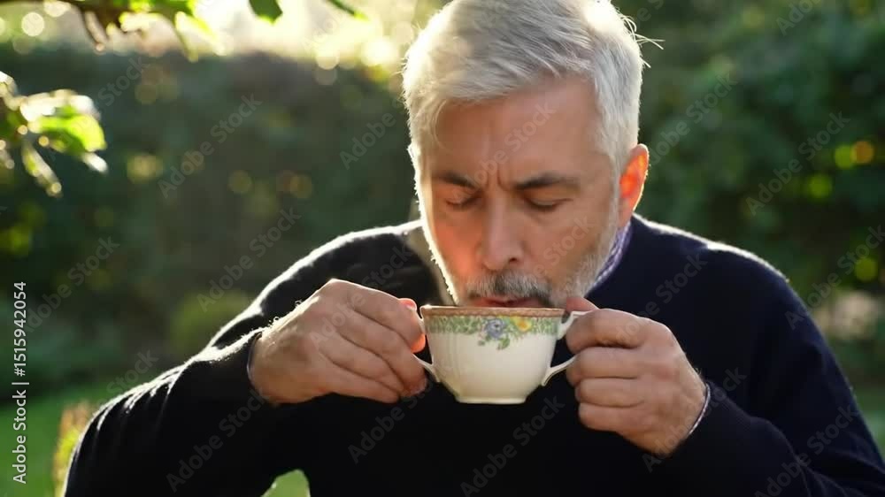Mature man pouring hot tea from teapot into cup and make sip of beverage sitting at garden table at sunny morning outdoor Mature man pouring hot tea from teapot into cup and make sip of beverage sitting at garden table at sunny morning outdoor