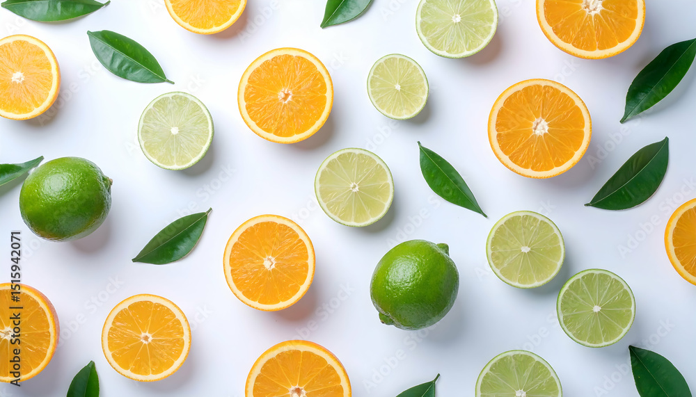 Bright Citrus Fruit Pattern: Oranges and Limes on White Background Bright Citrus Fruit Pattern: Oranges and Limes on White Background