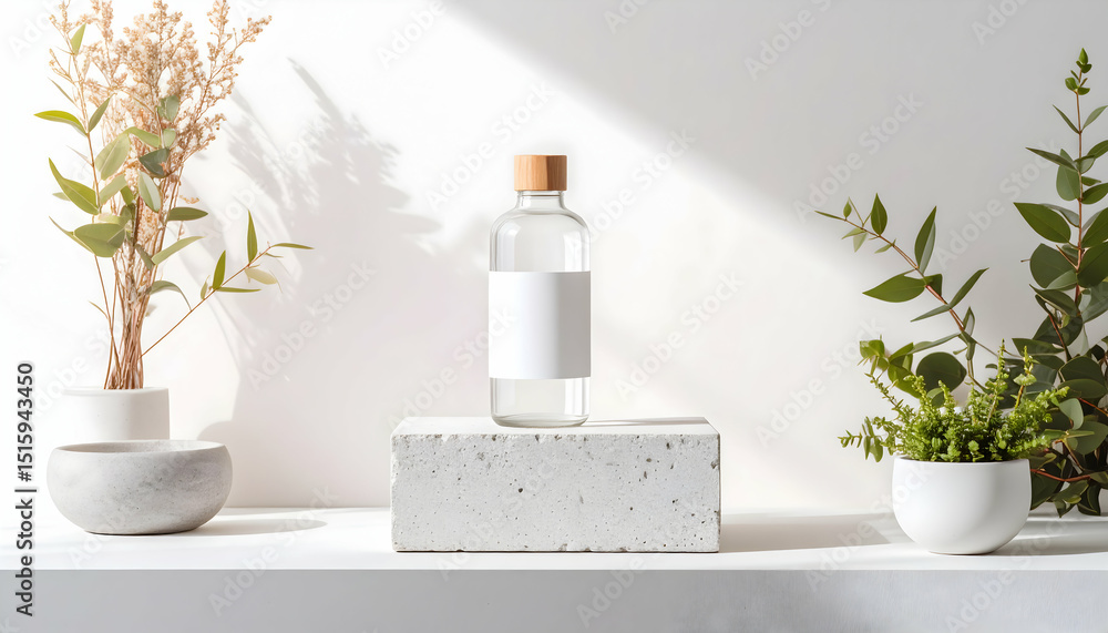 Clear Glass Bottle with Wooden Cap and Blank Label on White Shelf with Plants Clear Glass Bottle with Wooden Cap and Blank Label on White Shelf with Plants