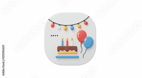 Birthday cake illustration with candles and balloons. 