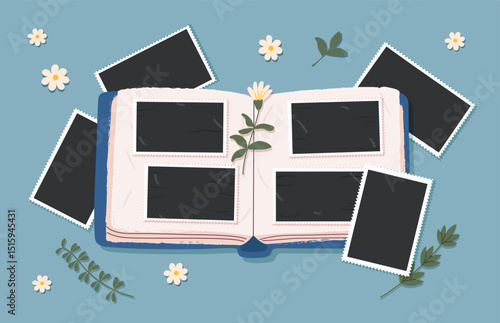 Opened photo album page and old photos mockups around it. Photos cliparts. Memories and lifestyle concepts. Vector flat hand drawn template.