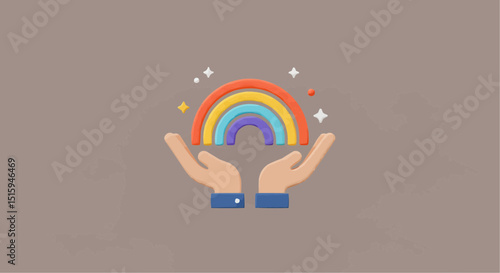 Two hands tenderly cradling a vibrant rainbow with sparkling stars