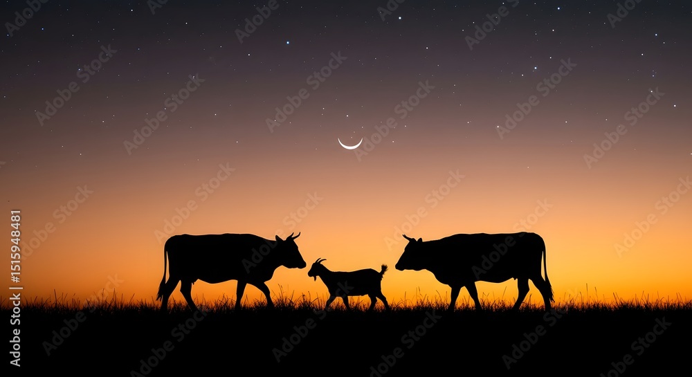 Silhouettes of a cow and a goat against a warm, serene sunset sky, without a visible moon, emphasizing the natural beauty and the spirit of the occasion. Silhouettes of a cow and a goat against a warm, serene sunset sky, without a visible moon, emphasizing the natural beauty and the spirit of the occasion.