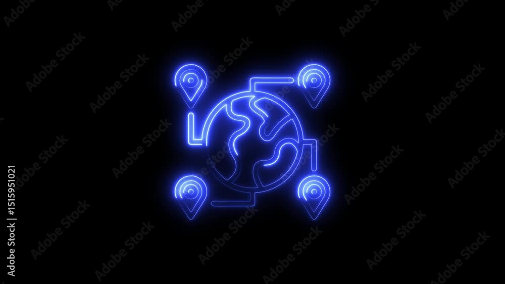 Global network concept represented by neon glowing earth and location pins Global network concept represented by neon glowing earth and location pins