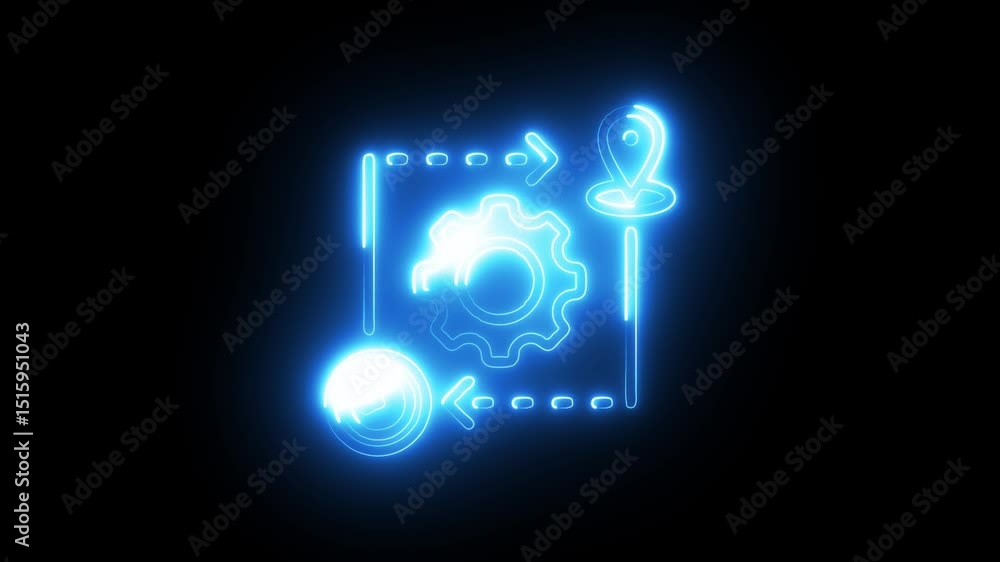 Glowing neon business workflow icon on black background with futuristic animation Glowing neon business workflow icon on black background with futuristic animation