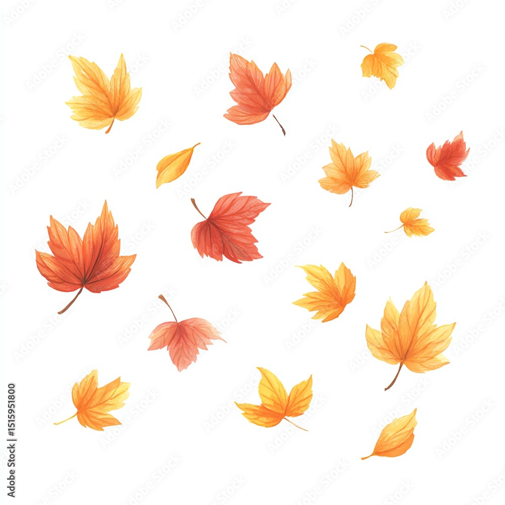 Fototapeta premium Autumns Gentle Descent Watercolor Leaves Falling Gracefully on White Background