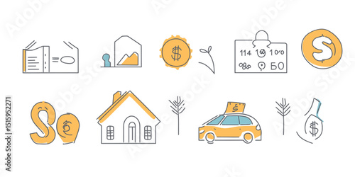 Hand drawn doodle icons set with house, car, money bag, coins, bankbook, price tag, and discount concept in minimalist line style vector illustration