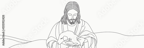 Continuous line drawing of Jesus Christ holding lamb vector illustration minimalistic religious art peaceful pastoral symbolic holy figure shepherd concept faith and compassion icon black and white