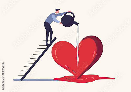Businessman pouring water from watering can to nourish large red heart shape on ground standing on ladder concept of passion motivation and growth in flat vector illustration