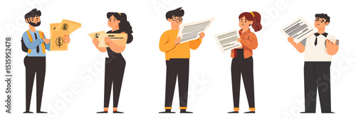 Group of diverse people holding bills invoices and documents showing financial debt problems stress worry flat cartoon vector illustration