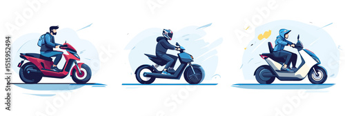 Modern urban electric scooters and motorcycles with riders wearing casual and protective gear eco friendly transportation vector illustration set flat design style
