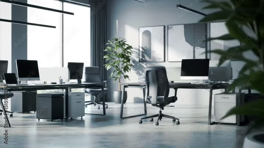 Modern office space with desks computers chairs and artwork in a bright contemporary interior Modern office space with desks computers chairs and artwork in a bright contemporary interior