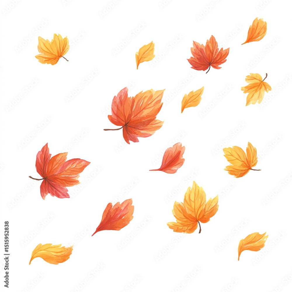 Fototapeta premium Autumns Gentle Dance Watercolor Leaves Drifting on a White Background, Evoking Serenity and the Seasons Change.