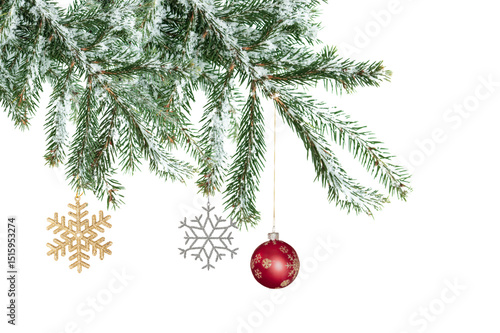 Fotografie Decorated Christmas tree branch with baubles and snow, isolated background
