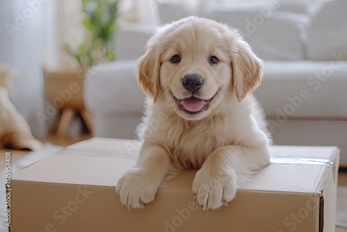 Adorable teddy Puppy Sitting on a Cardboard Box