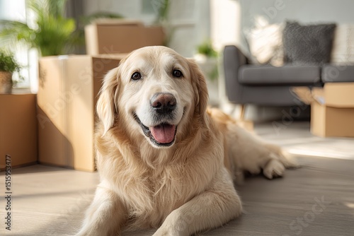 Adorable teddy Puppy Sitting next a Cardboard Box