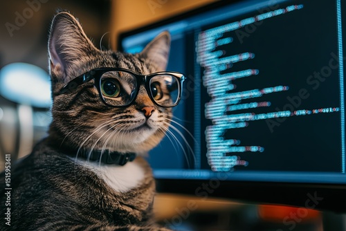 Smart Cat Wearing Glasses Sitting at Office Desk with Computer Screen