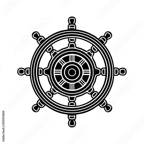 Minimalist black silhouette vector of the Dharma wheel, symbol of Buddhist philosophy.

