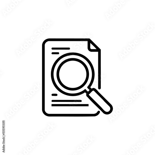 Minimalist icon of a document under inspection with a magnifying glass. Vector symbol of search, research, or analysis represented in bold black lines.



