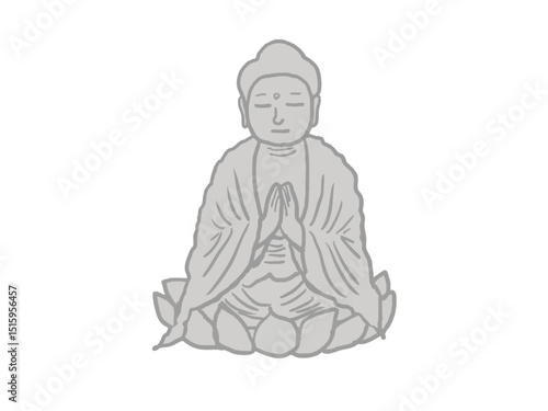 Illustration of a Buddha statue of Shakyamuni sitting with hands together in prayer