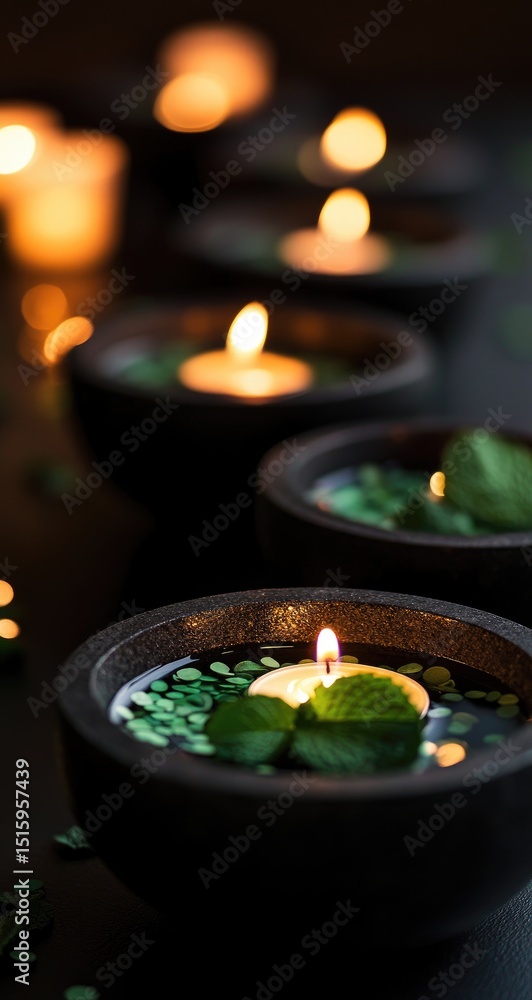 Obraz premium Candles in dark bowls with water and greenery