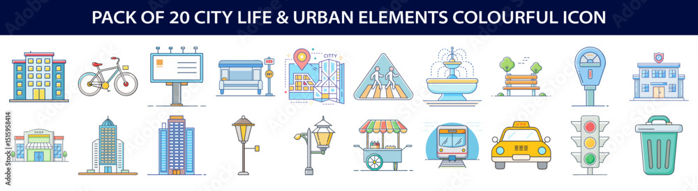 Fototapeta premium Pack of 20 City Life and Urban Elements Colourful Icons Illustration