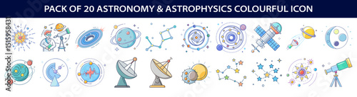 Pack of twenty colorful astronomy and astrophysics icons for science and space exploration