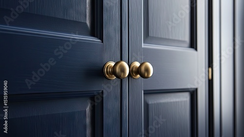 Close-up view of navy blue doors with brass door handles.