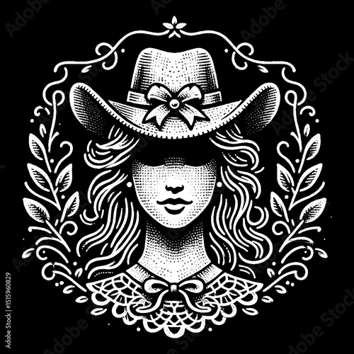 Vintage Hand-Drawn Southern Belle Face with Hat Illustration – Elegant Portrait Engraved Style Vector for T-Shirts, Posters, Stickers, and Classic Southern Charm Themes